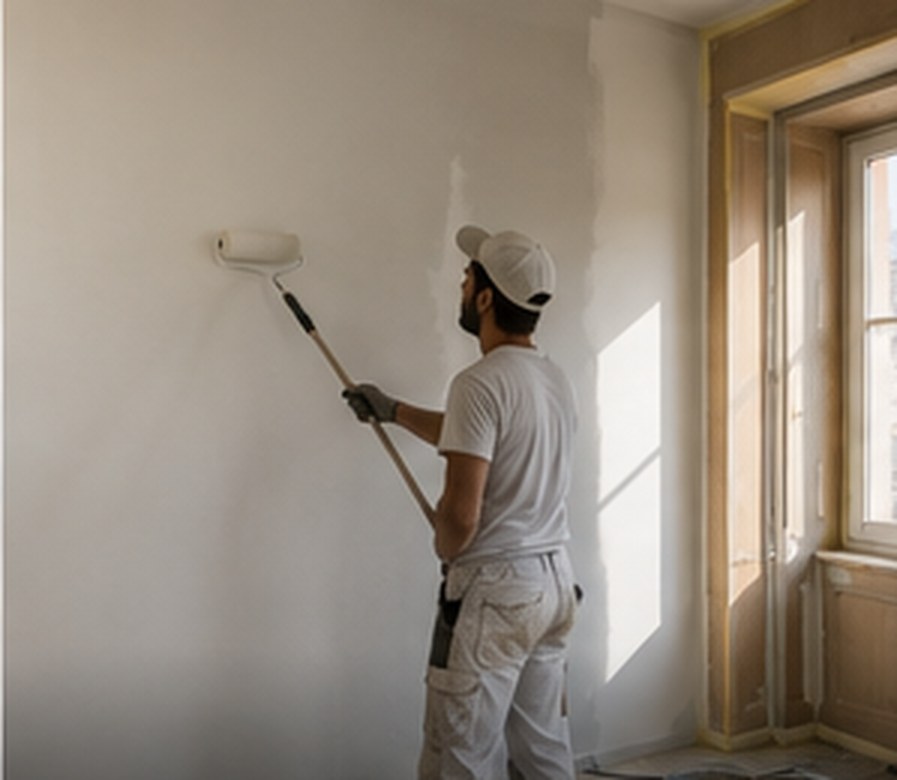 Aplicação da demão final de tinta numa parede interior