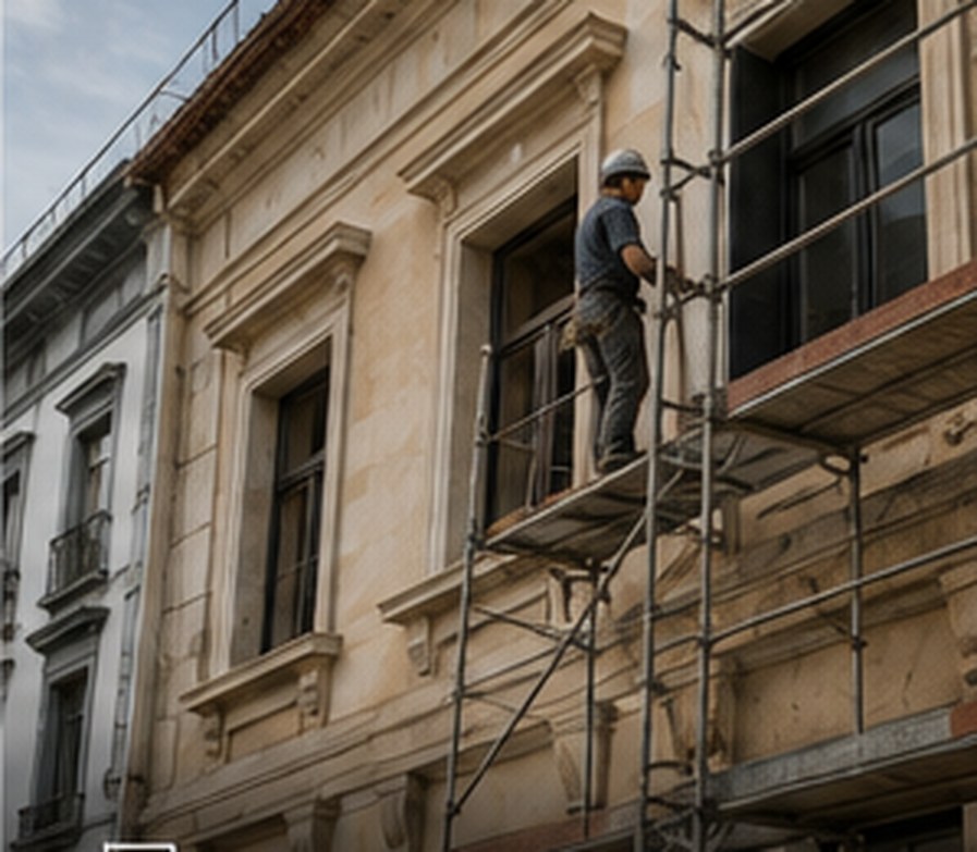 Fachada de edifício antigo em reabilitação com andaime