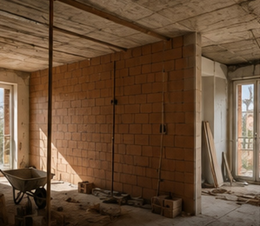 Alvenaria em execução num apartamento em obra