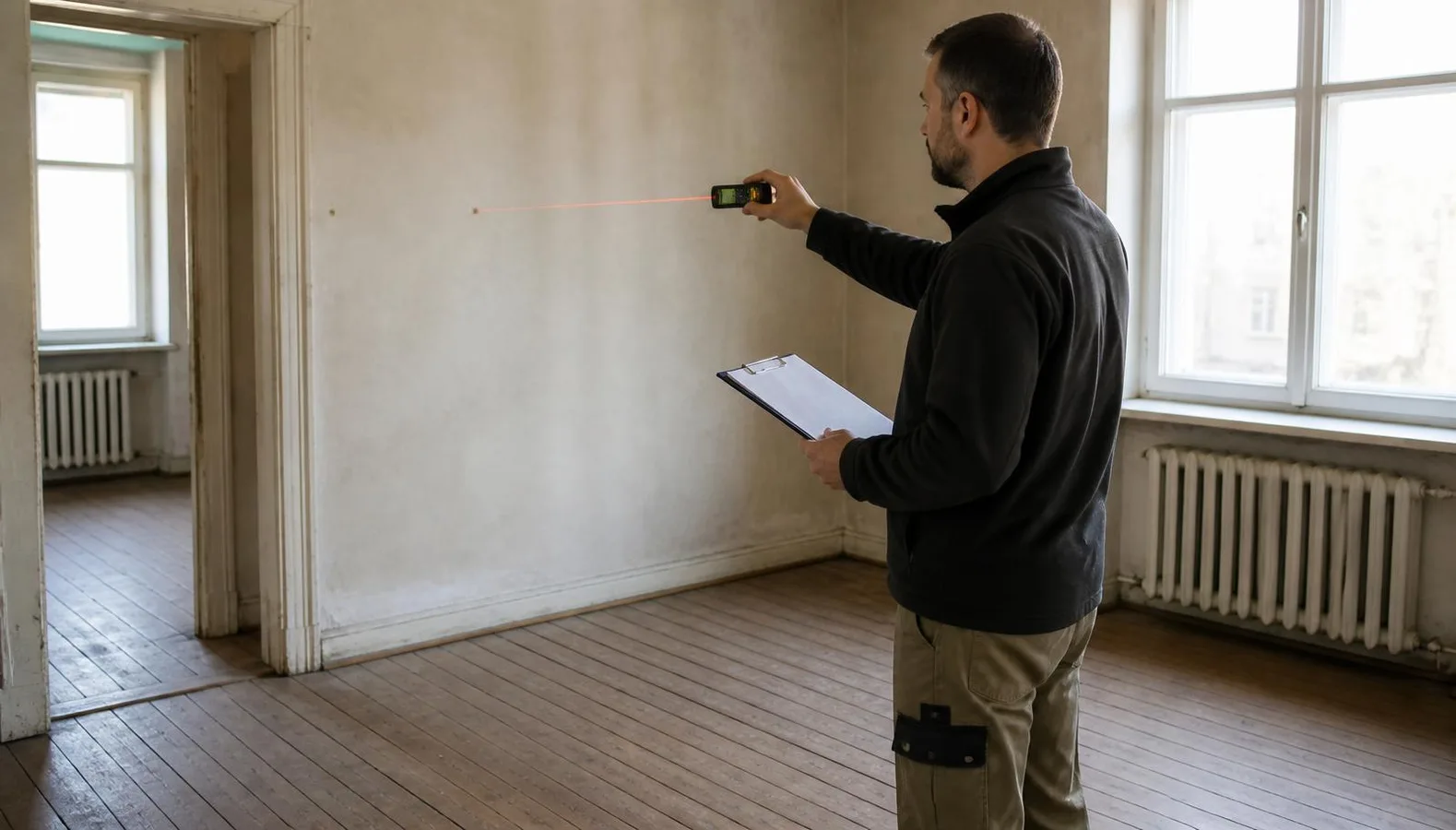 Técnico a realizar o levantamento de um apartamento antes da remodelação