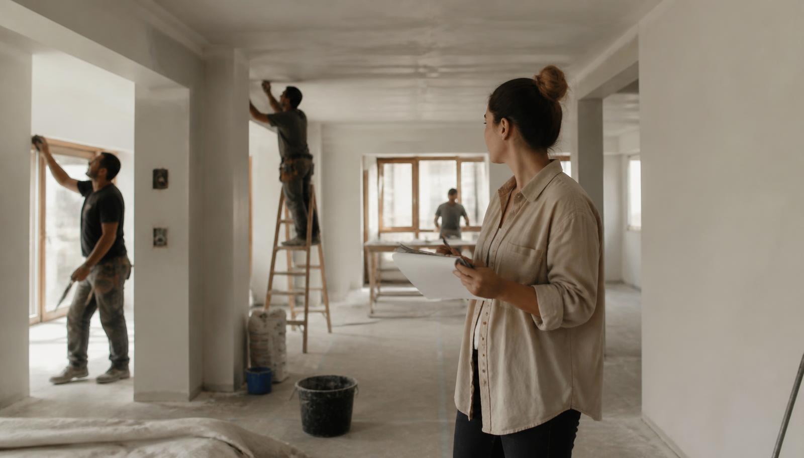 Técnica a coordenar várias especialidades numa remodelação em curso num imóvel existente