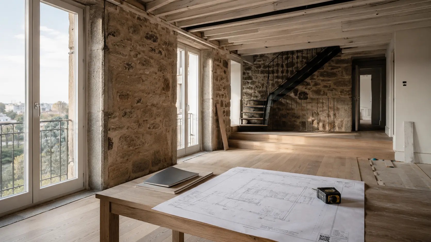 Interior de um edifício antigo em obra de reabilitação, com paredes de pedra e luz natural